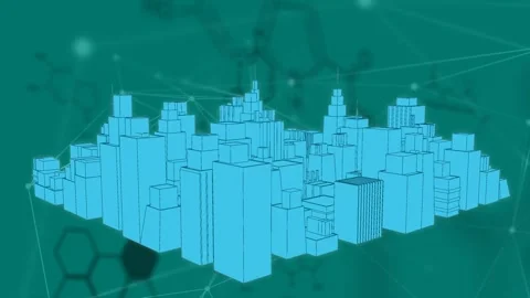 Animation of 3d model of blue buildings rotating over codes and dots connecting Stock Footage 328082766