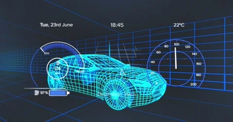 Animation of 3d model of car with digital interface and data processing Stock Footage 330297001