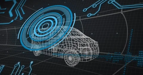 Animation of 3d model of car with digital interface and circuit board elements Vídeos de archivo 330664556