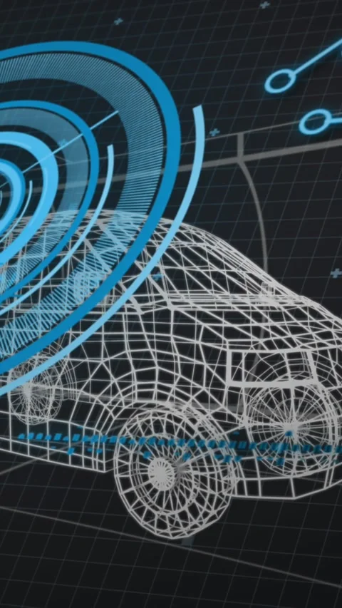 Animation of 3d model of car with digital interface and circuit board elements Stock Footage 344765806