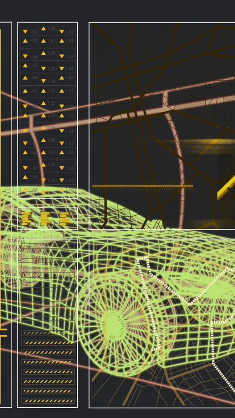 Animation of 3d model of car in tunnel over graph, loading circles and Stock Footage 344525251