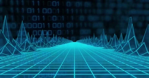 Animation of 3d model of grid pattern forming mountain over binary codes against Stock Footage 247260511