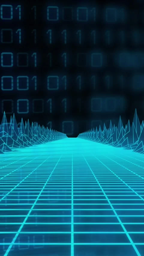 Animation of 3d model of grid pattern forming mountain over binary codes against Video stock 343996645
