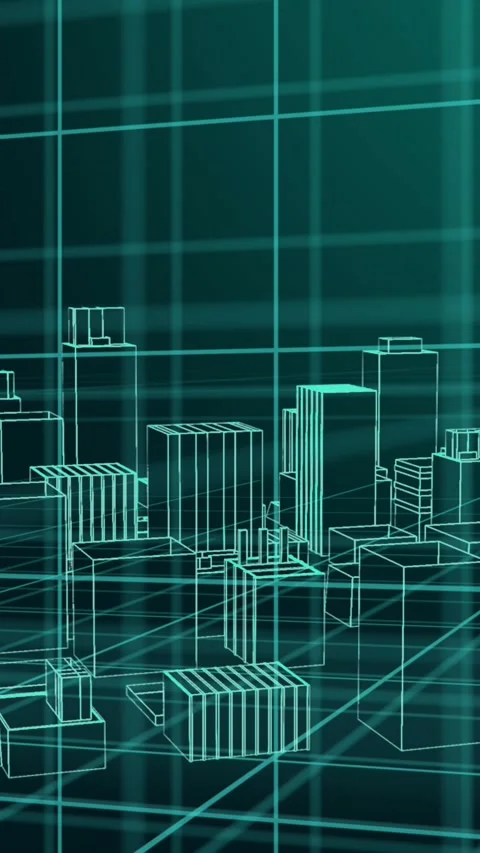 Animation of 3d modern cityscape building over grid Vídeos de archivo 343497370