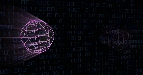 Animation of 3d pink shapes over binary coding on black background Stock Footage 328500830