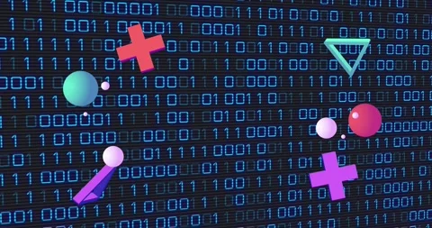 Animation of 3d pink shapes over binary coding on black background Stock Footage 328582966