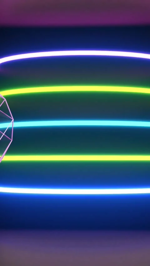 Animation of 3d shapes moving over neon light trails Stock Footage 323898369