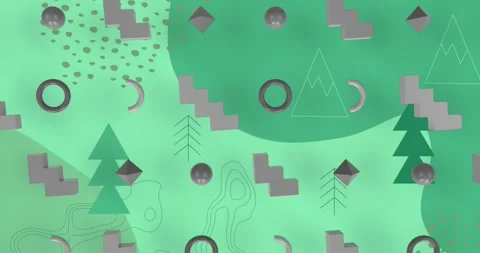 Animation of 3d shapes in seamless pattern over christmas tree icons and Stock Footage 329689163