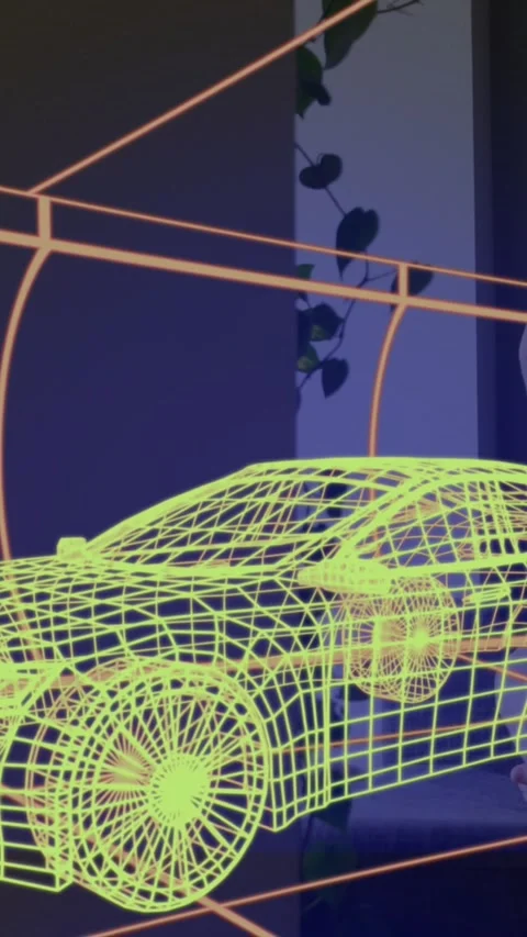 Animation of 3d technical drawing of car, over woman at home wearing vr headset Video stock 341976267