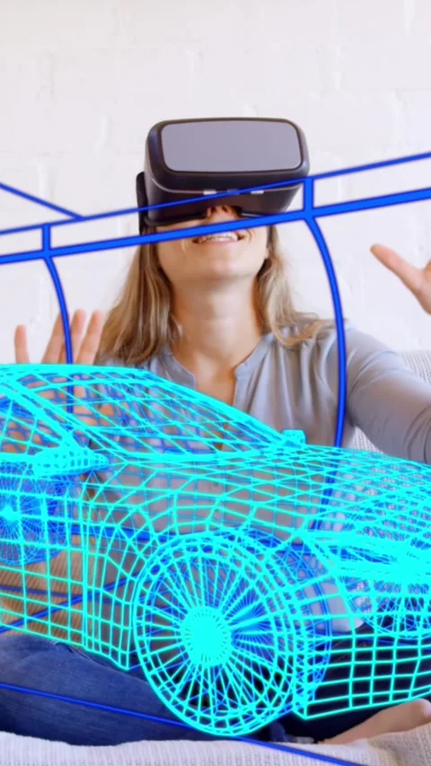 Animation of 3d technical drawing of car, over woman at home wearing vr headset Video stock 342009353