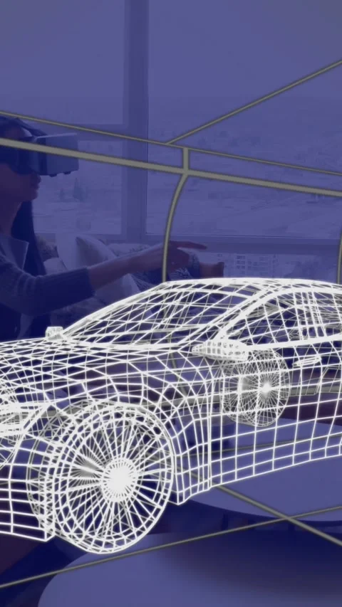 Animation of 3d technical drawing of car, over woman at home wearing vr headset Video stock 342914648