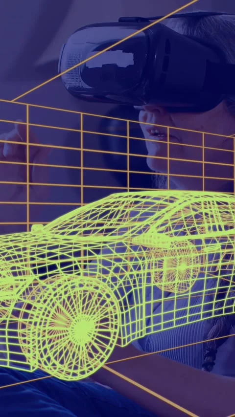 Animation of 3d technical drawing of car, over woman at home wearing vr headset Video stock 342914649
