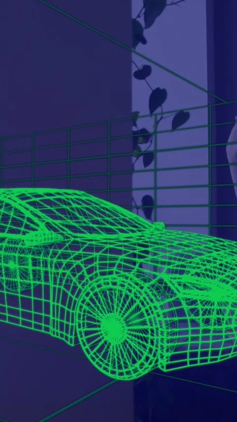 Animation of 3d technical drawing of car, over woman at home wearing vr headset Video stock 342996141