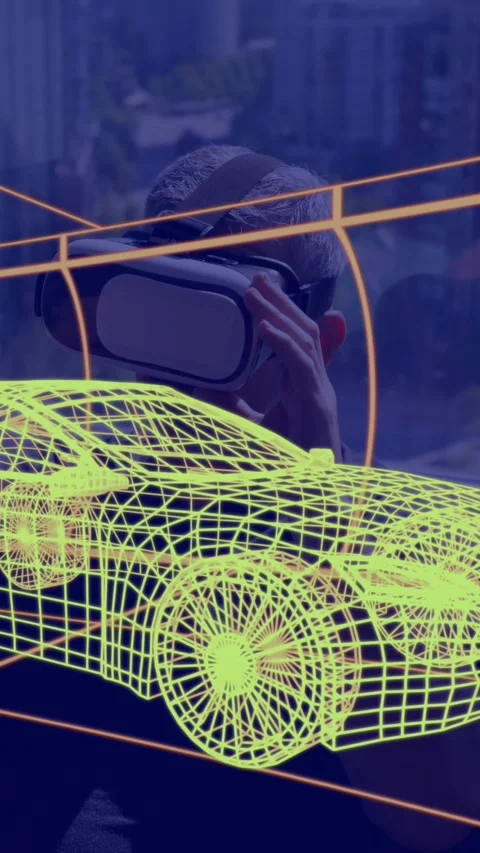 Animation of 3d technical drawing of car, over man at home wearing vr headset Video stock 343027683
