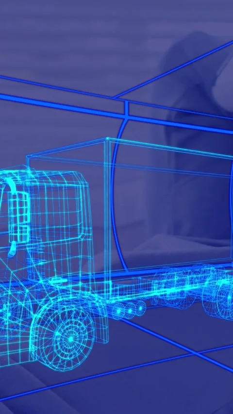 Animation of 3d technical drawing of truck, over man at home wearing vr headset Video stock 343027687