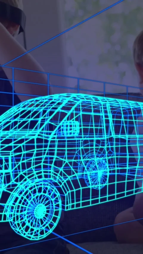 Animation of 3d technical drawing of van, over boy at home wearing vr headset Video stock 342996137