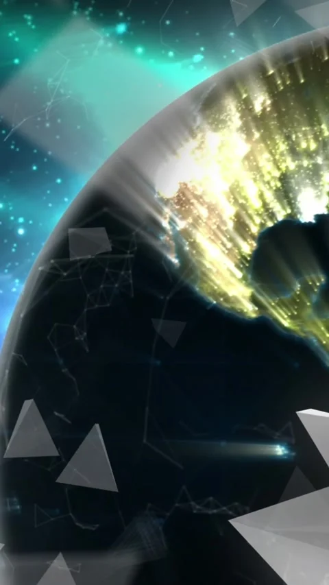 Animation of 3d triangles and connected dots with rotating globe over abstract Stock Footage 344679385