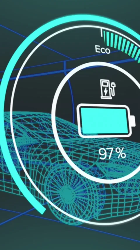 Animation of 3d wire frame electric car with charging sign on graphic screen Stock Footage 322560824