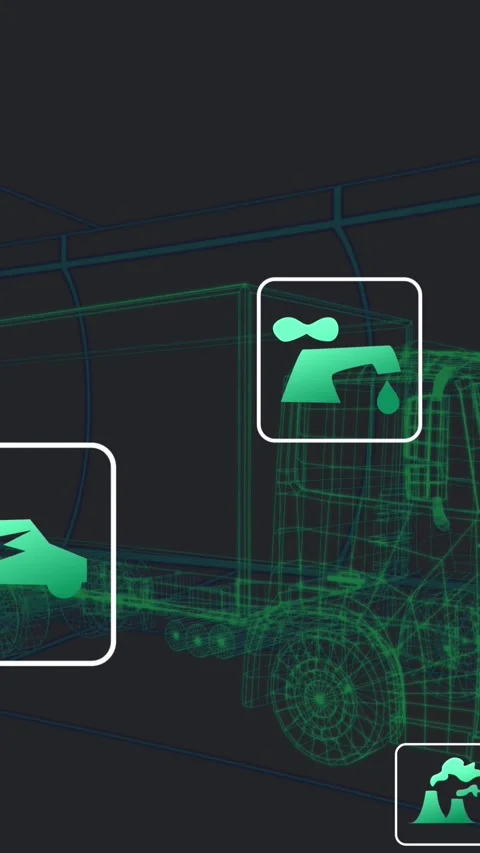 Animation of 3d wire frame truck with increasing fuel price symbols on computer Stock Footage 341956320