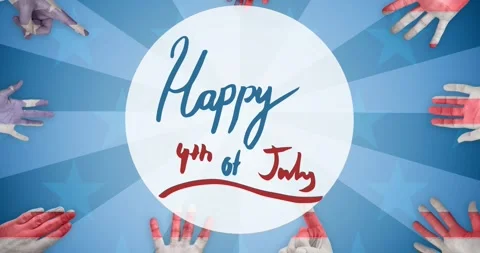 Animation of 4th of july text with hands painted in american flag pattern Stock Footage 329703960