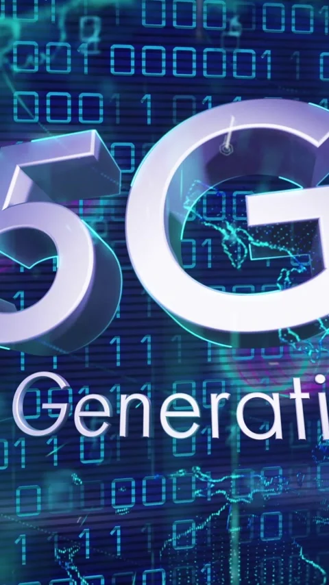 Animation of 5g 5th generation text and binary coding digital data processing Video stock 342996786
