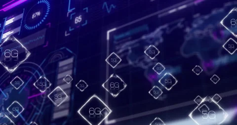 Animation of 5G and 6G technology symbols floating over digital world map Stock Footage 304643583