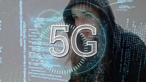Animation of 5g and data processing over caucasian female hacker Stock Footage 328006532