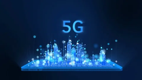 Animation of 5G, bright digital tablet and city wireframe. Stock Footage 125940528