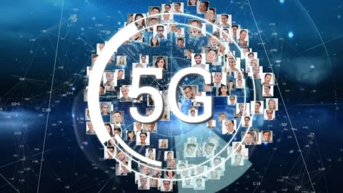 Animation of 5g over rotating globe made of user icons Stock Footage 330412510