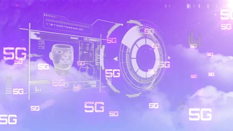 Animation of 5G technology graphics overlaying digital interface in cloudy sky Stock Footage 305816922