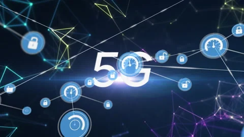 Animation of 5G technology with network connections and speed icons displayed Stock Footage 303481899