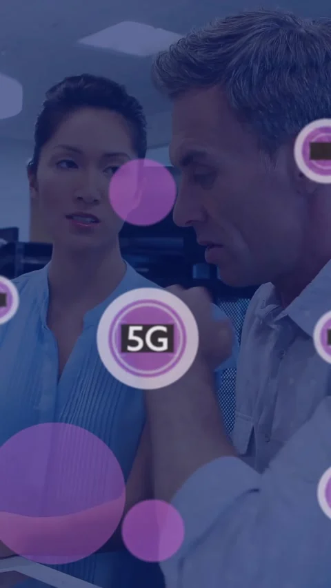 Animation of 5g text and data processing over diverse business people using Stock Footage 344284643