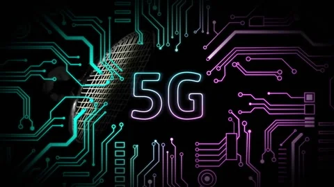 Animation of 5g text and digital data processing over computer circuit board Stock Footage 308438546