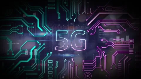 Animation of 5g text and microprocessor connections against interface with data Vídeo Stock 327393337