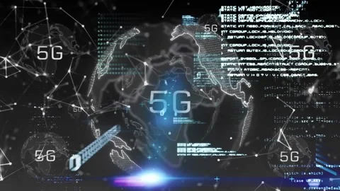 Animation of 5g text, binary codes over globes and computer language against Stock Footage 244699230