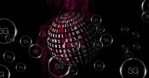 Animation of 5g text, binary coding and digital data processing over globe Stock Footage 307737868