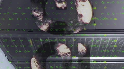 Animation of 5g text, binary coding and data processing over computer servers Stock Footage 313296131