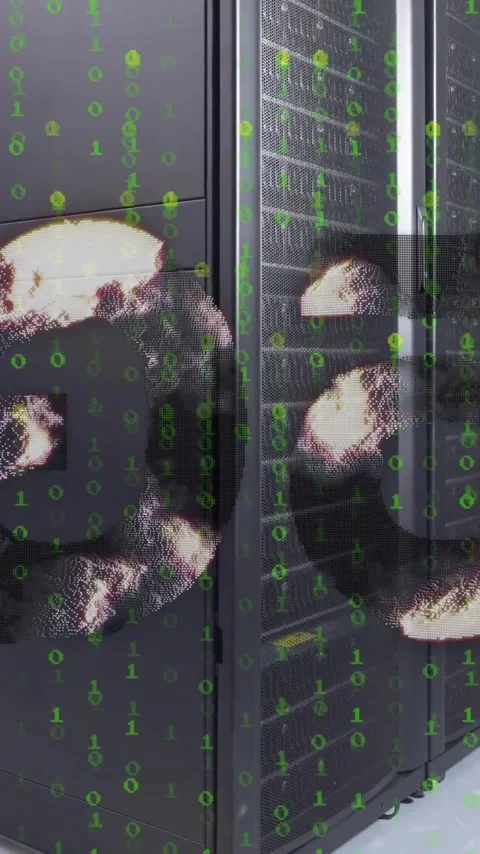 Animation of 5g text, binary coding and data processing over computer servers Stock Footage 320662856