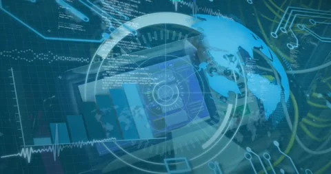 Animation of 5g text in circle, globe, computer language and circuit board Stock Footage 328974379