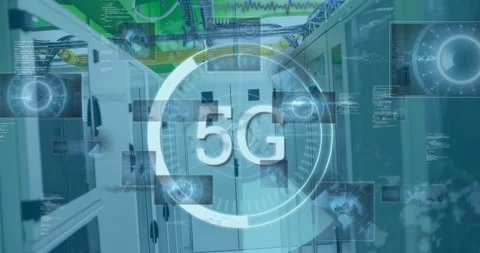 Animation of 5g text in circle, radar and programming language over server room Stock Footage 329498237