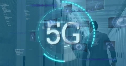 Animation of 5g text in circle radars, database over caucasian businessman Stock Footage 328977724