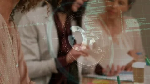 Animation of 5g text in circles, computer language over woman writing in notepad Stock Footage 325704019