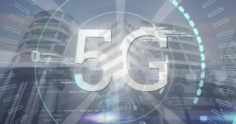 Animation of 5g text in circles over binary codes and computer language against Stock Footage 244698720