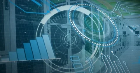 Animation of 5g text, circles, radars, bar graph and circuit board pattern Stock Footage 220891469