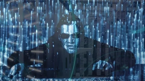 Animation of 5g text data processing over male hacker and computer server Stock Footage 326031795
