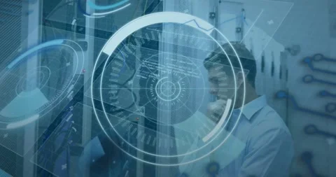 Animation of 5g text, database, radars, confused caucasian technician looking at Stock Footage 329707036