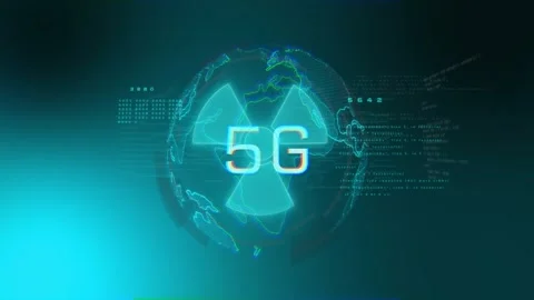Animation of 5G text with digital globe, radiation symbol, and data elements Video stock 327714939