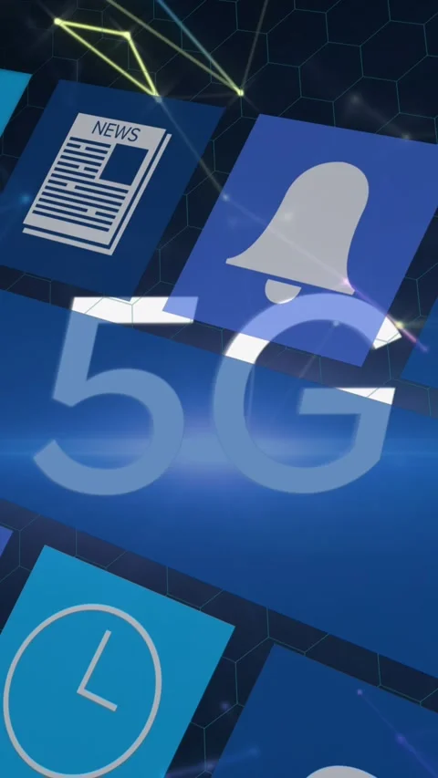 Animation of 5g text, digital social media icons and data processing on blue Stock Footage 342004696