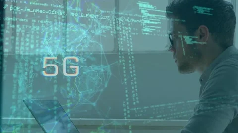 Animation of 5g text in globe, computer language over caucasian man using laptop Stock Footage 326411853