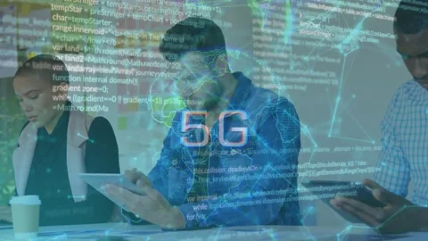Animation of 5g text in globe, programming language over diverse coworkers using 動画素材 331067372